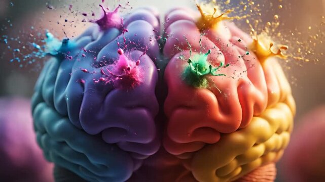 Colorful Brain Illustration with Vibrant Splashes - A vibrant illustration depicts a human brain video in multiple colors, symbolizing creativity and intellect.