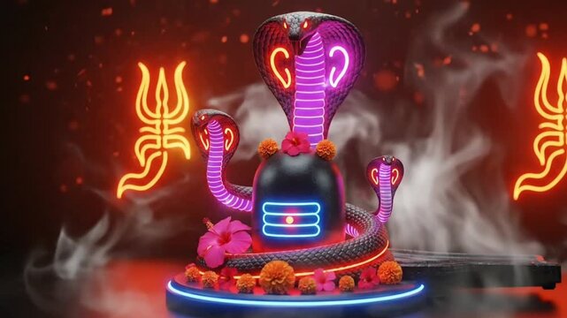 Maha shivratri animation of cosmic shiva lingam with sacred cobra and trishul glowing ritual symbol for hindu devotion spirituality worship power