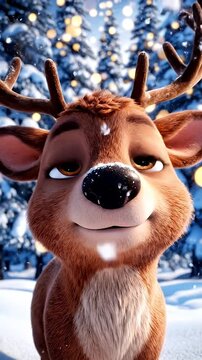 Cute animated reindeer in snowy winter forest with festive lights