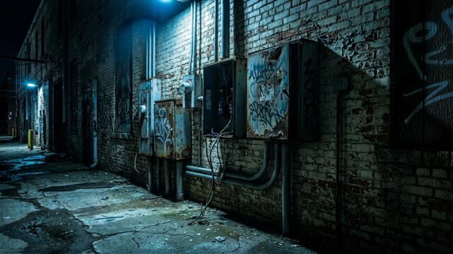 Dark Grungy Urban Alleyway at Night Illuminated by Harsh Blue Light Reflecting on Wet Pavement and Peeling Brick Walls with Graffiti