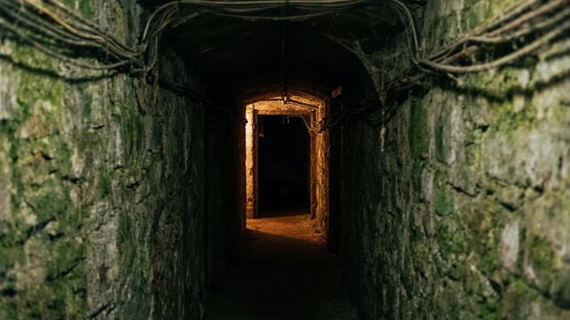 Dark Stone Tunnel with Moss Growth and Exposed Wires Under Dim Lighting and Deep Shadows Creates an Eerie Atmosphere