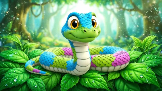 Cartoon Snake in a Lush Forest - A colorful cartoon snake with large eyes rests on vibrant green foliage in a lush forest setting.
