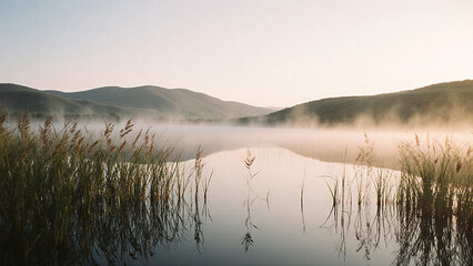 Scenic Reeds Lake Nature Landscape at Sunrise with Sun Reflection