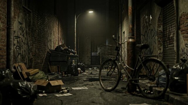 Gritty Urban Back Alley at Night with Graffiti and Piles of Trash Illuminated by a Single Streetlight Creating a Moody Atmosphere