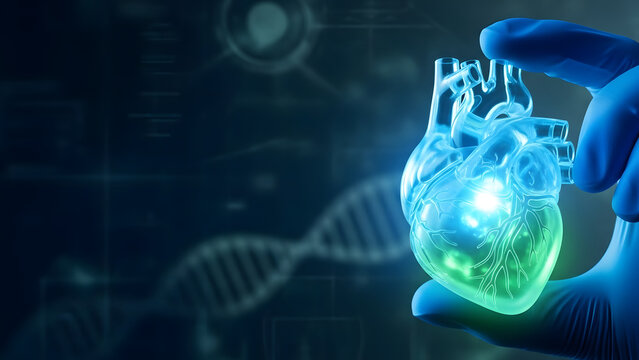 A gloved hand holds a glowing blue and green human heart model