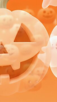 Halloween themed background with pumpkins and ghosts in orange hues