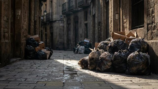 Narrow European City Alleyway Lined With Trash Bags and Cardboard Boxes Under Sunlight and Shadows