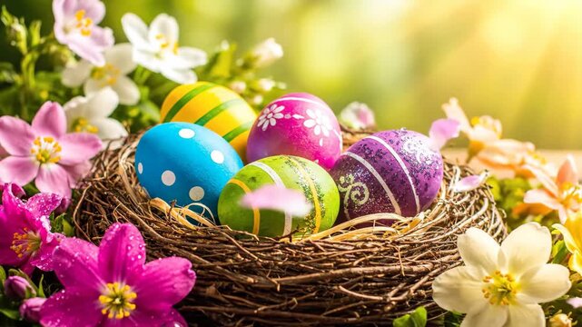 Colorful Easter Eggs in a Nest with Flowers - A vibrant Easter scene featuring a nest filled with colorful, decorated Easter eggs, surrounded by blooming flowers.