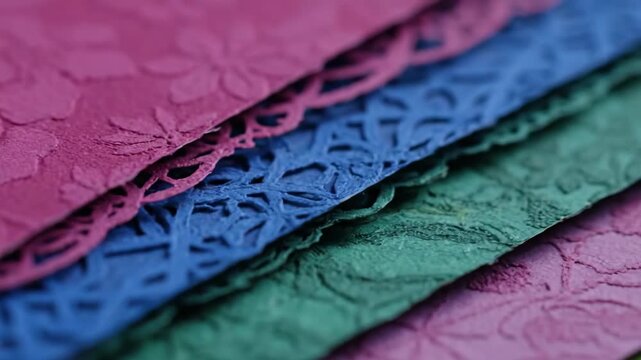 Colorful Layered Paper Textures - Close-up of three layers of paper in vibrant pink, blue, and green hues. Each sheet features intricate patterns and textures, showcasing a blend of art and design.