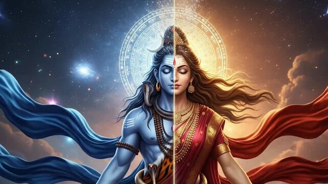 Maha shivratri shiva shakti ardhanarishvara animation showing cosmic balance divine masculine and feminine energy hindu spirituality
