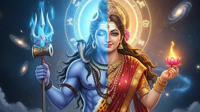 Maha shivratri cosmic Ardhanarishvara animation showing divine Shiva and Parvati unity with spiritual energy sacred symbolism and Hindu festival devotion visuals