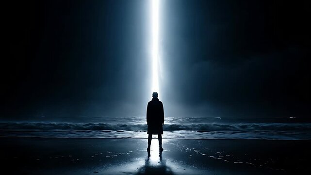 Solitary figure standing on a wet shoreline beneath a dramatic, intensely bright vertical beam of celestial light descending from the dark night sky.