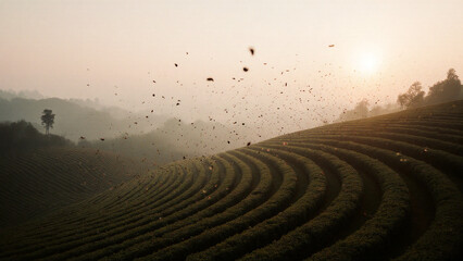 Scenic Terraced Fields Birds Nature Landscape at Sunset