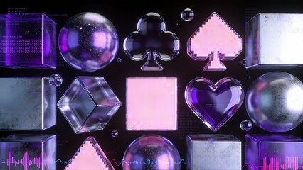 Ad Poster cyber cubes sphere abstract technology background with poker card decorations key visual