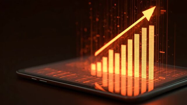 A smartphone displays a glowing orange bar graph with an upward trend arrow on screen