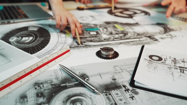 Hands engaged in technical design and analysis atop blueprints in a modern workspace, showcasing the blend of creativity and engineering innovation essential for progress. SACTR