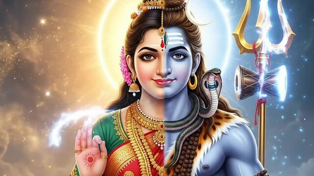 Maha shivratri Ardhanarishvara divine animation showing Shiva and Parvati sacred union with cosmic energy spiritual balance Hindu devotion and festival visuals