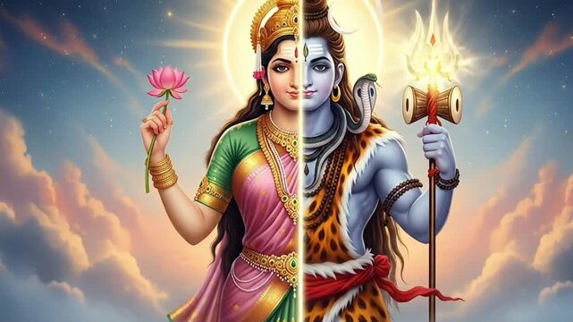 Maha shivratri Ardhanarishvara divine animation of Shiva and Parvati cosmic union with sacred balance spiritual energy Hindu devotion and mythology