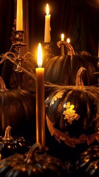 Elegant Halloween pumpkins with candles in dimly lit setting