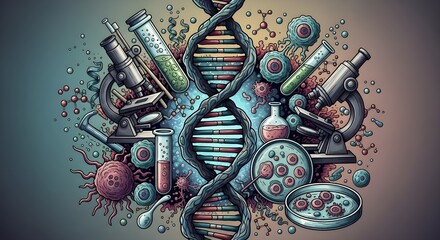A colorful illustration of DNA, microscopes, and laboratory equipment, representing science and genetics.