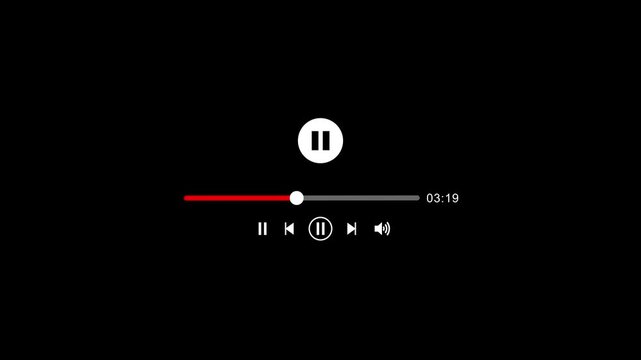 Paused player interface with play button and timeline on black background pause button controls