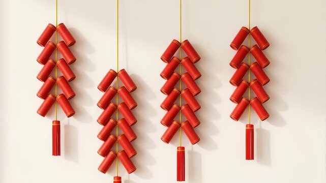 Four strings of red Chinese New Year firecracker decorations on a wall