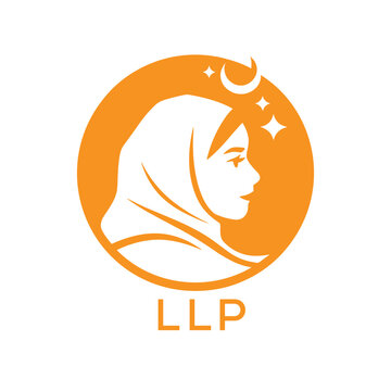 LLP Elegant Muslim Woman Logo. LLP with Crescent Moon and Stars &ndash; Islamic Beauty, Hijab Fashion & Modest LLP Branding Icon.
