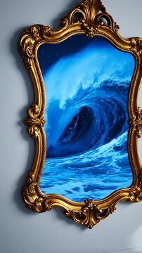 Ocean wave reflection in ornate gold frame on blue wall