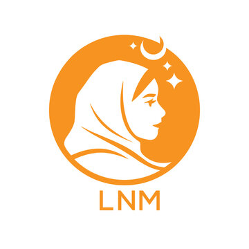 LNM Elegant Muslim Woman Logo. LNM with Crescent Moon and Stars &ndash; Islamic Beauty, Hijab Fashion & Modest LNM Branding Icon.
