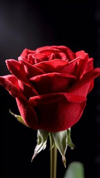 Close-up of a vibrant red rose with dark background