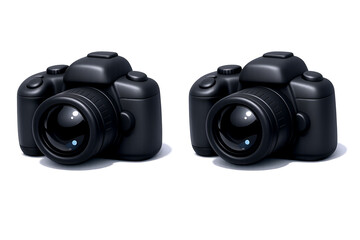 "Pair of playful black video camera icons designed in soft plastic 3D, shown on a clear backdrop."