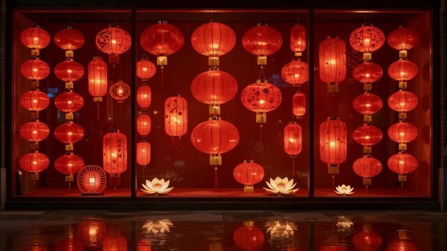 Festive red lanterns hanging neatly inside a dark window display