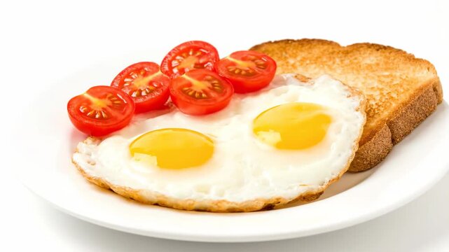 Delicious Breakfast with Fried Eggs, Tomatoes, and Toast - A close-up shot of a healthy breakfast with fried eggs, fresh cherry tomatoes, and a slice of toasted bread served on a white plate.