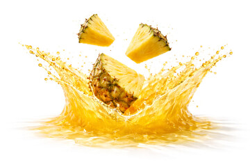 Photoreal CGI Pineapple Juice Crown Burst with Suspended Chunks &mdash; 8K Horizontal (9000&times;6000), Front 3/4 (105 mm Macro, f/11), Mid-Frame Height, Top 35% Clean Copy Space, Pure White Seamless, Isolated A
