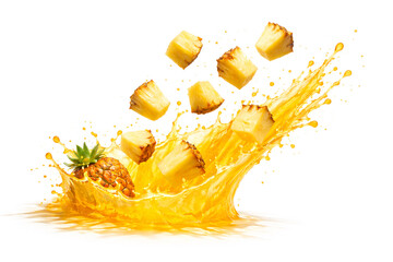 Photoreal CGI Pineapple Juice Crown Burst with Suspended Chunks &mdash; 8K Horizontal (9000&times;6000), Front 3/4 (105 mm Macro, f/11), Mid-Frame Height, Top 35% Clean Copy Space, Pure White Seamless, Isolated A