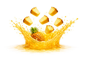 Photoreal CGI Pineapple Juice Crown Burst with Suspended Chunks &mdash; 8K Horizontal (9000&times;6000), Front 3/4 (105 mm Macro, f/11), Mid-Frame Height, Top 35% Clean Copy Space, Pure White Seamless, Isolated A