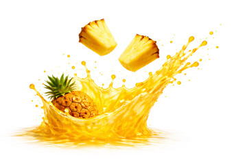 Photoreal CGI Pineapple Juice Crown Burst with Suspended Chunks &mdash; 8K Horizontal (9000&times;6000), Front 3/4 (105 mm Macro, f/11), Mid-Frame Height, Top 35% Clean Copy Space, Pure White Seamless, Isolated A