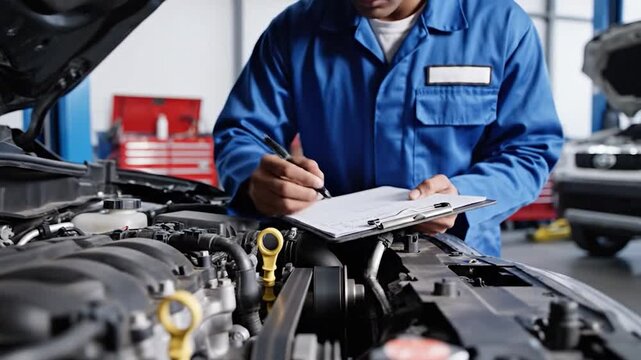 Mechanic in blue uniform inspecting car engine and taking notes on clipboard in garage