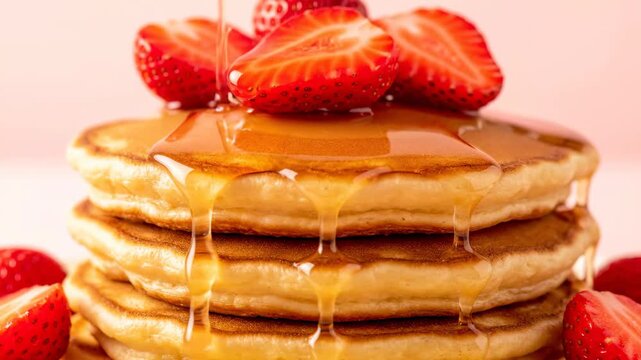 Delicious Stack of Pancakes with Strawberries and Syrup - A close-up shot of a stack of fluffy pancakes topped with fresh, juicy strawberries.