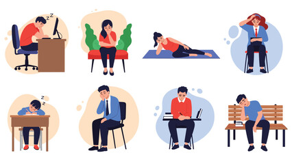 Collection of people showing signs of fatigue and exhaustion in various situations like working, studying, and exercising.