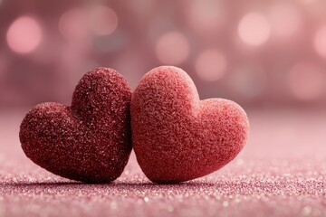 Fototapeta premium Two red hearts on a pink glitter background with copy space, showcasing a romantic theme suitable for Valentine's Day or love-themed designs