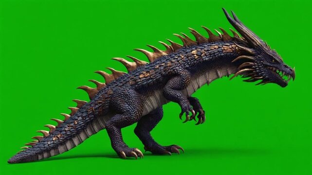 Fierce dragon creature with sharp spines and claws on green screen