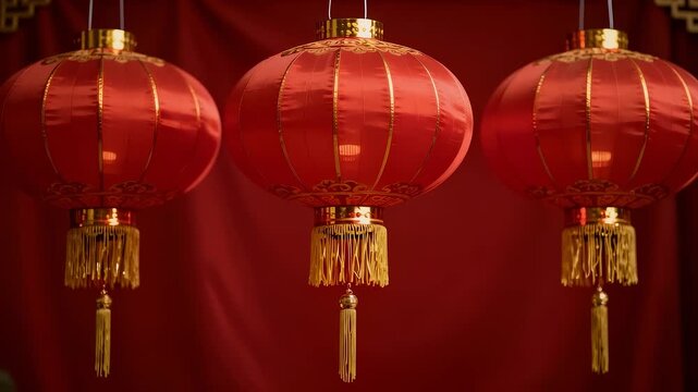 Three red Chinese lanterns hanging in front of a red silk background