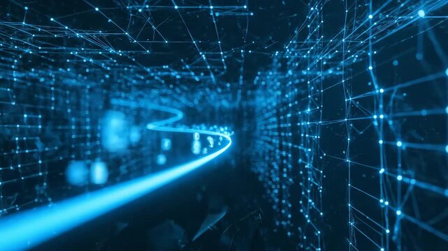 Digital Data Flow Visualization - An abstract video of a data stream or network pathway. The video features a blue glowing pathway through a grid of connected points and lines.