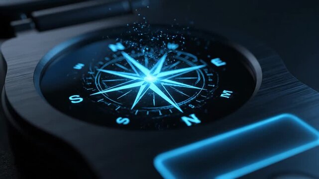 Futuristic Digital Compass - A close-up shot of a modern, digital compass with a futuristic design. The compass glows with blue lines and particles, evoking a sense of navigation and technology.