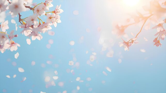 青空に舞う桜の花びら 春のフレーム背景 Spring Frame Background with Falling Cherry Blossom Petals in Blue Sky （Generative AI）