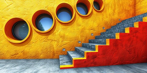 Vibrant Staircase with Circular Windows on Yellow Wall