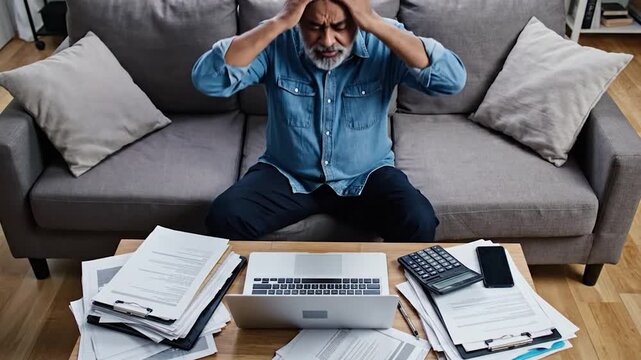 Overwhelmed man sitting on couch with paperwork and laptop looking stressed