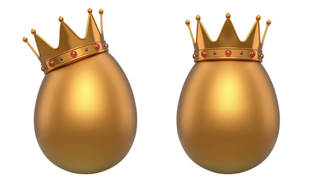 Gold eggs adorned with golden crowns with red gemstones, isolated on white transparent background. Concept of wealth, luxury, and exclusivity