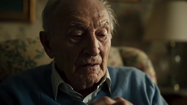 Elderly Man Suffering Memory Loss - Close-up of an elderly man with a worried expression. The video evokes themes of aging, cognitive decline, and memory loss.